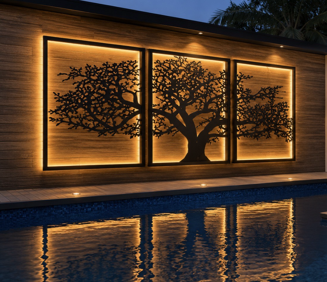 Paneles decorativos metálicos instalados junto a una piscina